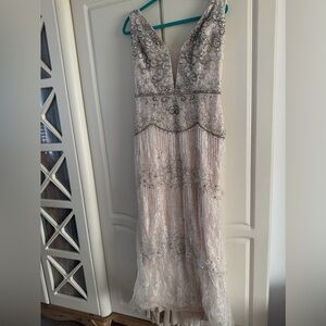 Jovani Silver and Cream Embellished Dress